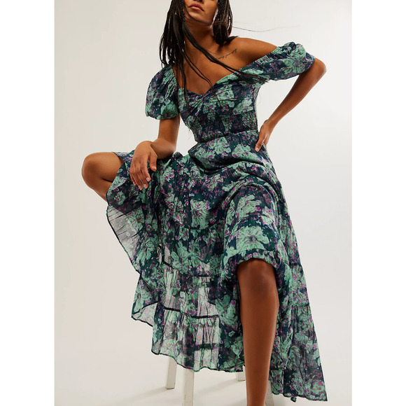 Free People Dresses & Skirts - Free People 'Sundrenched' Green Cotton Short-Sleeve Maxi Dress Size L